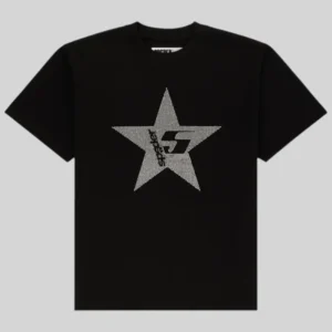 Front view of the black Sp5der Big 5 Star Rhinestone Tee featuring a dazzling dark gray star graphic logo.