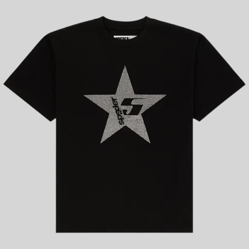 Front view of the black Sp5der Big 5 Star Rhinestone Tee featuring a dazzling dark gray star graphic logo.