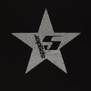 Close up view of the Sp5der Big 5 Star graphic featuring dark gray rhinestone embellishments on a premium cotton tee.