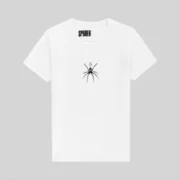 White Sp5der TM t-shirt featuring a black spider graphic logo on the center chest, shown from a front-facing perspective.