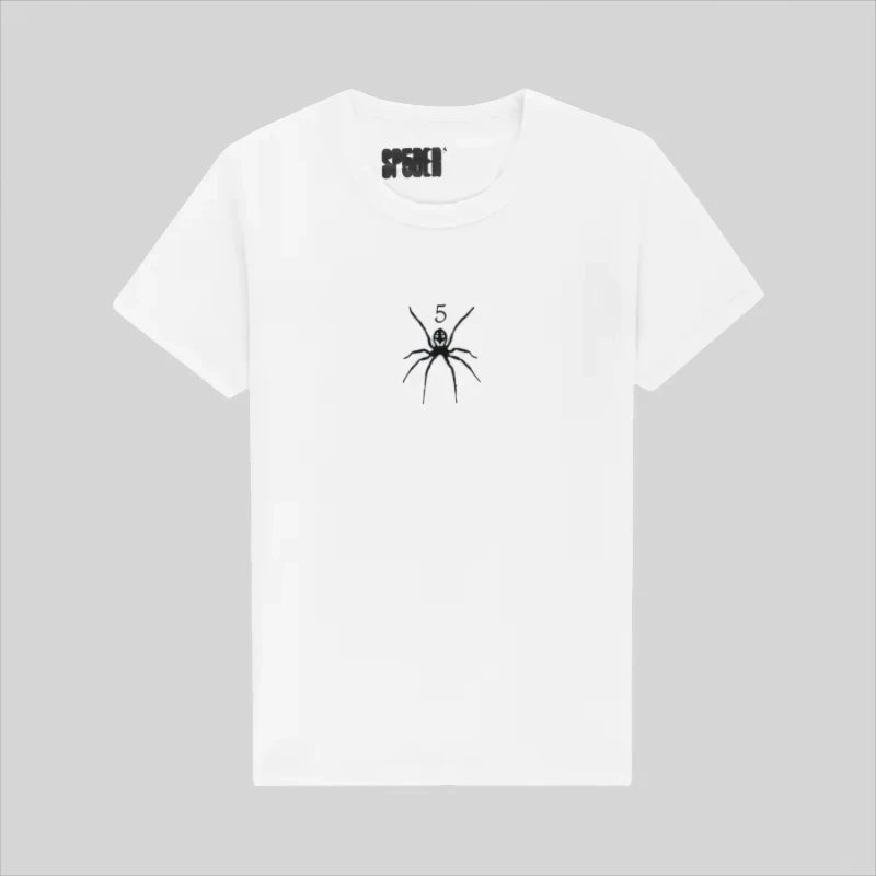 White Sp5der TM t-shirt featuring a black spider graphic logo on the center chest, shown from a front-facing perspective.