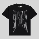 Front view of the black Sp5der Diffused Collegiate t-shirt with a distressed white graphic logo on the chest