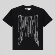 Front view of the black Sp5der Diffused Collegiate t-shirt with a distressed white graphic logo on the chest