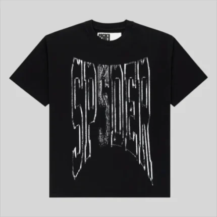 Front view of the black Sp5der Diffused Collegiate t-shirt with a distressed white graphic logo on the chest