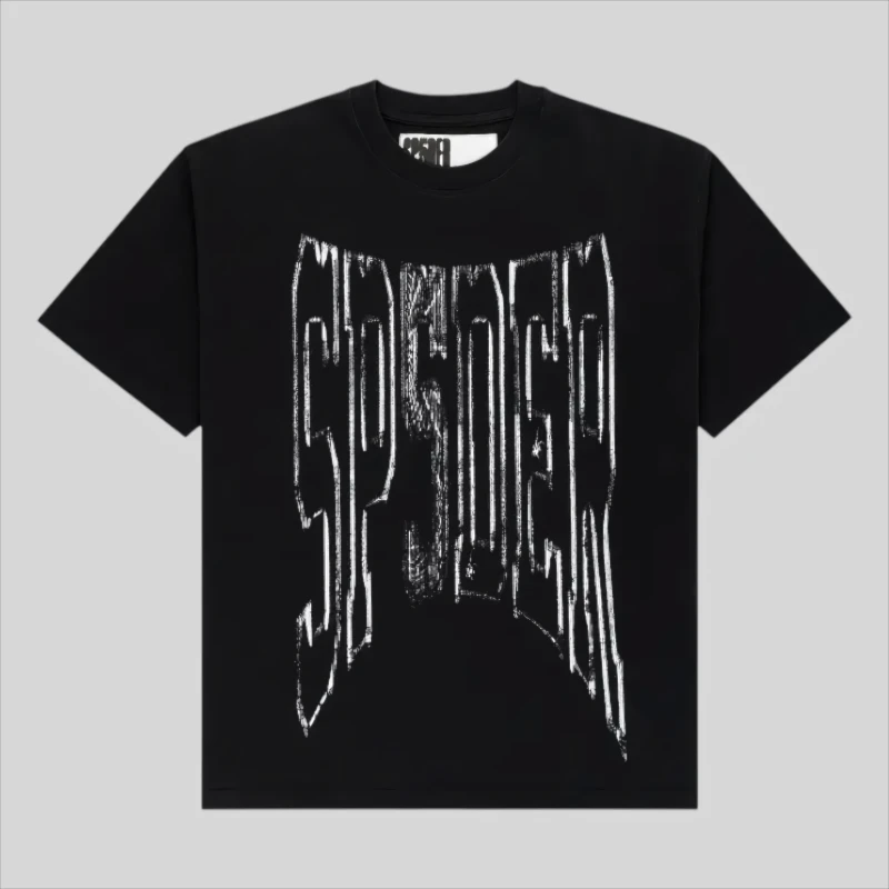 Sp5der Diffused Collegiate Tee front view Front view of the black Sp5der Diffused Collegiate t-shirt with a distressed white graphic logo on the chest