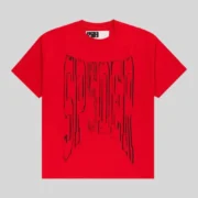 Front view of the red Sp5der Diffused Collegiate Tee featuring a bold black graphic print from the FW25 collection.