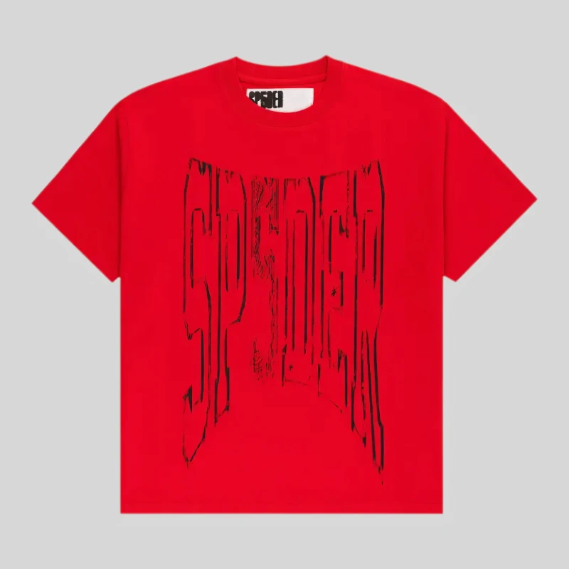 Front view of the red Sp5der Diffused Collegiate Tee featuring a bold black graphic print from the FW25 collection.