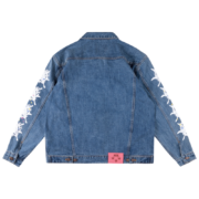 Back view of the SP5DER Worldwide denim jacket in blue with signature white graphic print and pink star patch.