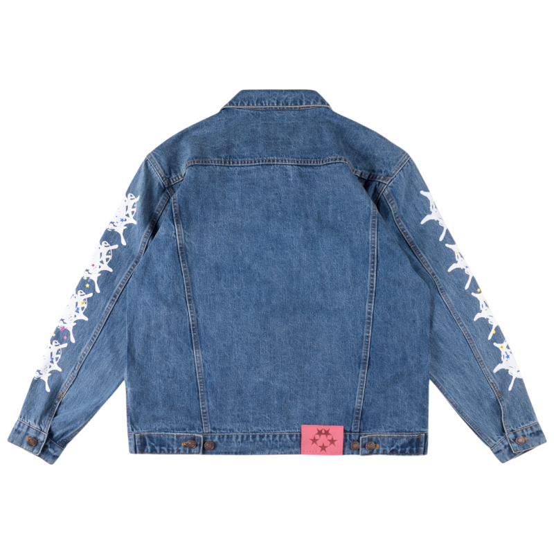 Back view of the SP5DER Worldwide denim jacket in blue with signature white graphic print and pink star patch.