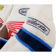 Close-up view of the Sp5der Wor1dwide 555555 Hunters Sherpa Jacket sleeve showing embroidered patch branding details.