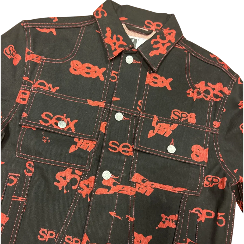 Front view of the Sp5der 5ex AOP denim trucker jacket featuring an all-over red print on a classic black denim base.