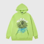 Sp5der OG Web V2 Hoodie in vibrant green featuring the signature black spider web graphic print on the front view.
