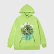 Sp5der OG Web V2 Hoodie in vibrant green featuring the signature black spider web graphic print on the front view.