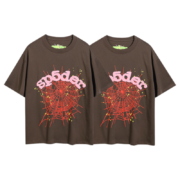 Brown Sp5der Wait Web t-shirt featuring a prominent red web graphic and stylish logo lettering on the chest.