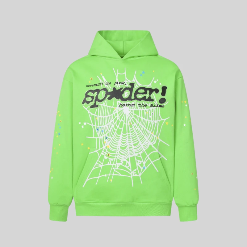 Sp5der Punk V2 Rhinestone Hoodie 'Green' front view