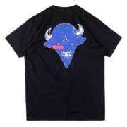 Black Sp5der L’Araignee T-shirt featuring a distinctive blue buffalo head graphic with a pink bar accent on the chest.