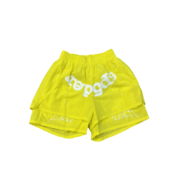 Yellow Sp5der OG Web Double Layer shorts featuring an iconic graphic design and comfortable streetwear construction.