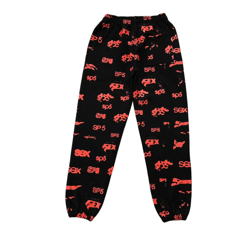 Sp5der Sex AOP black sweatpants featuring a bold all-over red print design for a premium streetwear aesthetic look.