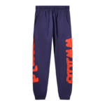 Front view of the Navy Blue Sp5der Beluga sweatpants featuring distressed orange branding on a relaxed fit design.