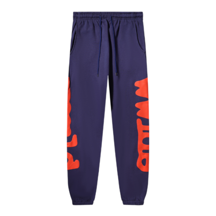 Front view of the Navy Blue Sp5der Beluga sweatpants featuring distressed orange branding on a relaxed fit design.
