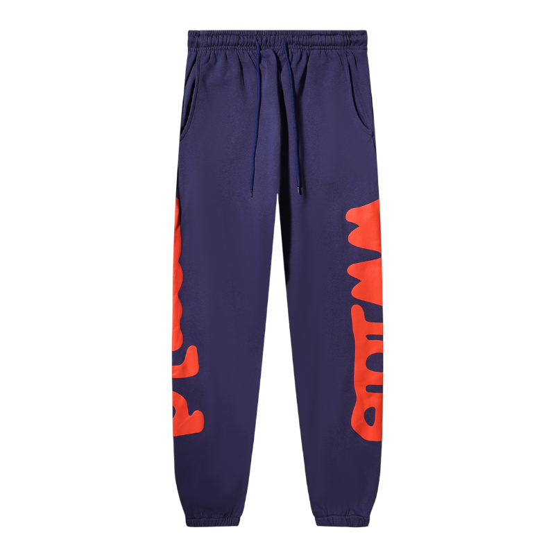 Front view of the Navy Blue Sp5der Beluga sweatpants featuring distressed orange branding on a relaxed fit design.