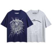Blue and grey SP5DER Arach Phobia New York graphic t-shirts with spider web motif for a streetwear style look.