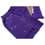 Sp5der SP5 Pro shorts in purple featuring a yellow star print design and bold Sp5der branding on the athletic fabric.