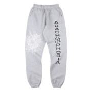 Heather grey Sp5der Arach NY Phobia sweatpants featuring a white spiderweb graphic and bold distressed lettering design.