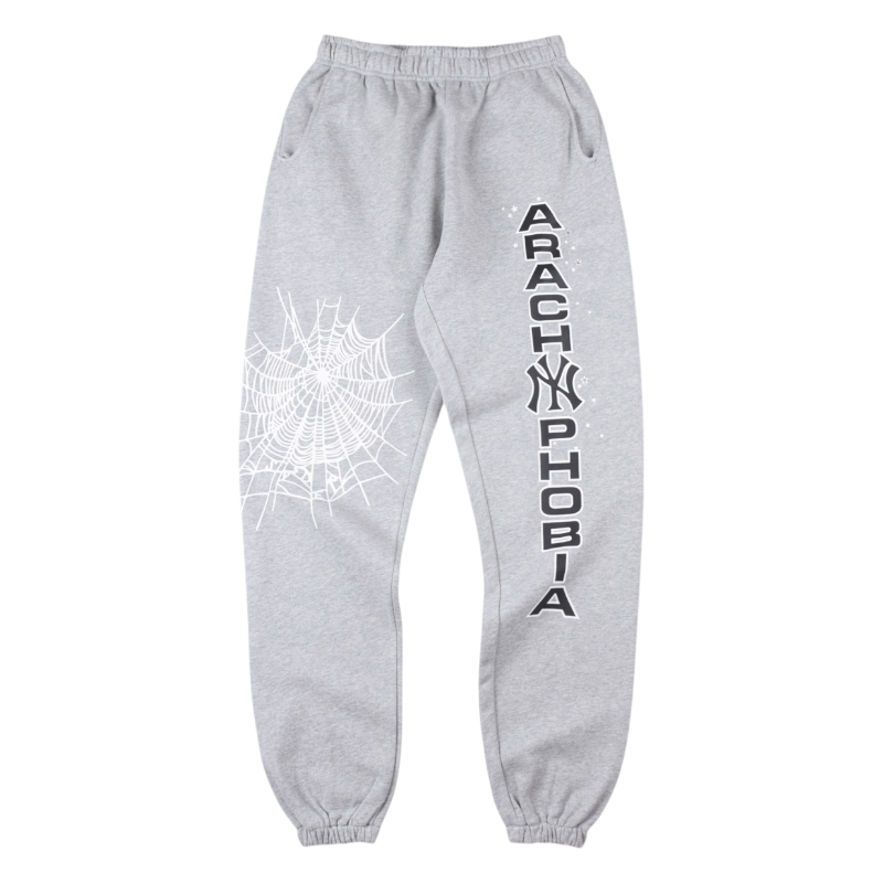 Heather grey Sp5der Arach NY Phobia sweatpants featuring a white spiderweb graphic and bold distressed lettering design.