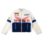 Sp5der Wor1dwide 555555 Hunters Sherpa Jacket front view, showing the white and navy fleece design with bold branding.