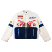 Sp5der Wor1dwide 555555 Hunters Sherpa Jacket front view, showing the white and navy fleece design with bold branding.