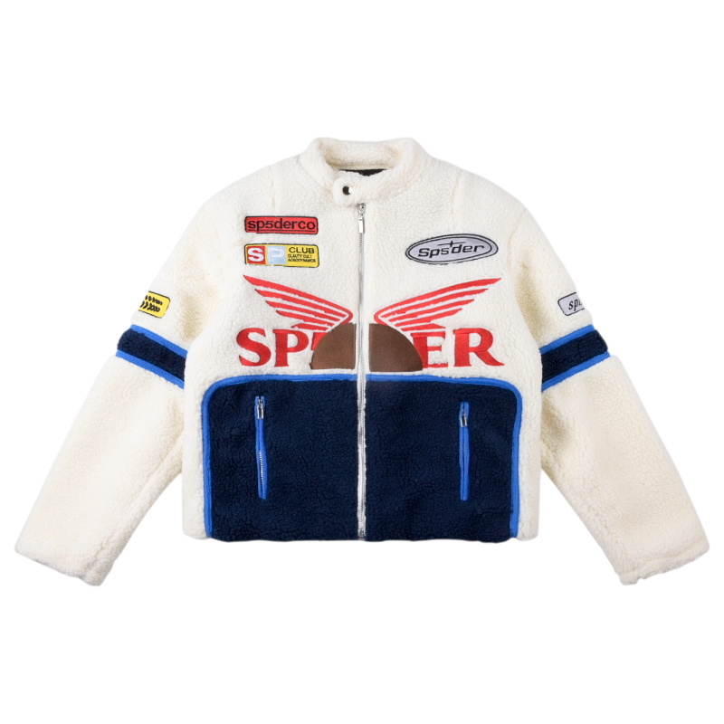 Sp5der Wor1dwide 555555 Hunters Sherpa Jacket front view, showing the white and navy fleece design with bold branding.