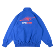 Back view of the royal blue Sp5der Pro windbreaker jacket with signature red graphic branding on the upper back.