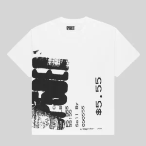 Front view of the white Sp5der Commerce Tee featuring a bold black distressed graphic print and streetwear aesthetic.