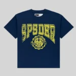 Navy blue Sp5der Campus Tee featuring a bold yellow graphic print on the front and iconic athletic archive branding.