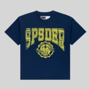 Navy blue Sp5der Campus Tee featuring a bold yellow graphic print on the front and iconic athletic archive branding.