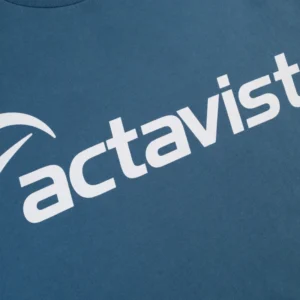 Close up view of the blue Sp5der Actavist tee featuring the iconic white graphic print on the front of the shirt