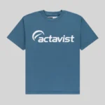 Front view of the blue Sp5der Actavist graphic t-shirt, a premium cotton streetwear essential for your wardrobe.