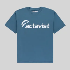 Front view of the blue Sp5der Actavist graphic t-shirt, a premium cotton streetwear essential for your wardrobe.