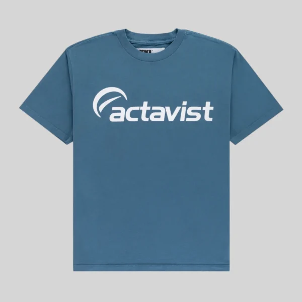 Front view of the blue Sp5der Actavist graphic t-shirt, a premium cotton streetwear essential for your wardrobe.