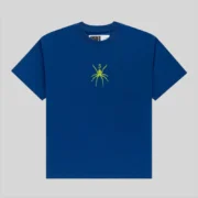 Front view of the blue Sp5der TM t-shirt featuring a green graphic print of the brand logo on the center of the chest.