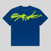 A studio shot showing the back view of a dark blue Sp5der TM t-shirt with a bright neon green graphic logo print.