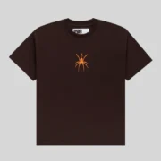 Front view of the brown Sp5der TM Tee featuring a distinct orange spider graphic logo centered on the chest area.