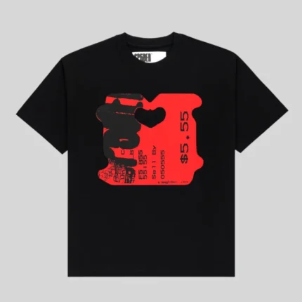 Front view of the SP5DER Black Toast Tee featuring a bold red bread tag graphic print with text on a black cotton shirt.