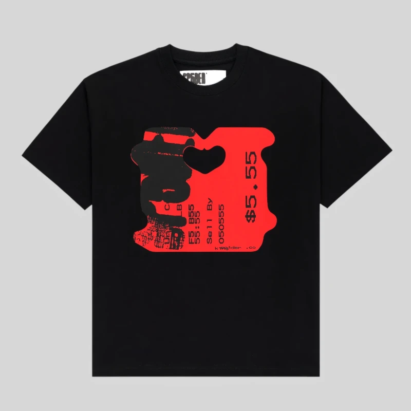 Sp5der Black Toast Tee Front Graphic View Front view of the SP5DER Black Toast Tee featuring a bold red bread tag graphic print with text on a black cotton shirt.