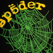 Close up of the Sp5der OG Web V2 Tee featuring a green spiderweb graphic and yellow puff print lettering.