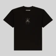 Black Sp5der TM Rhinestone Tee featuring a sparkling spider graphic print on the front, studio product view.