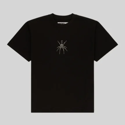 Black Sp5der TM Rhinestone Tee featuring a sparkling spider graphic print on the front, studio product view.