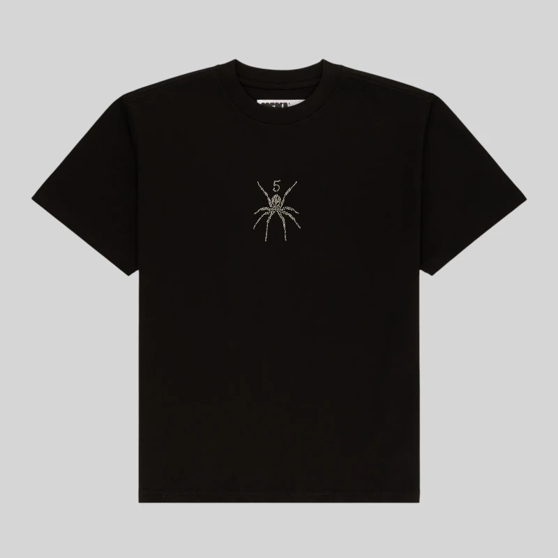 Sp5der TM Rhinestone Tee Front View Black Sp5der TM Rhinestone Tee featuring a sparkling spider graphic print on the front, studio product view.