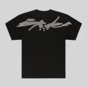 Back view of a black Sp5der TM rhinestone t-shirt with a detailed crystal logo design across the shoulders